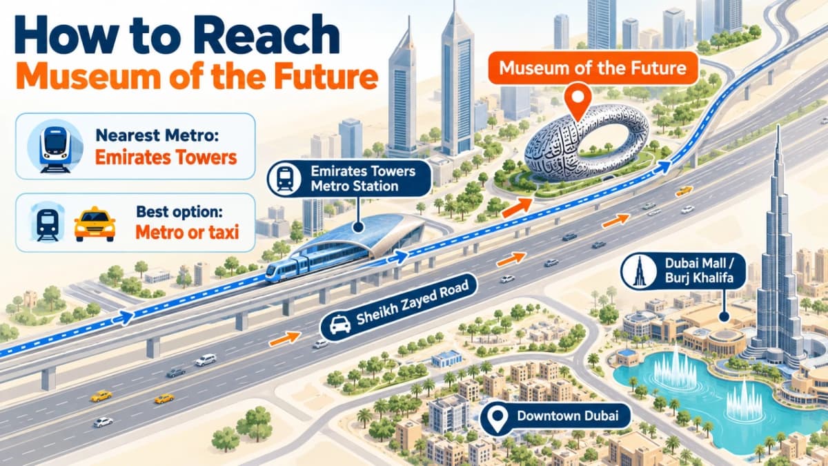 Map and transit guide for reaching Museum of the Future via Dubai Metro and Sheikh Zayed Road