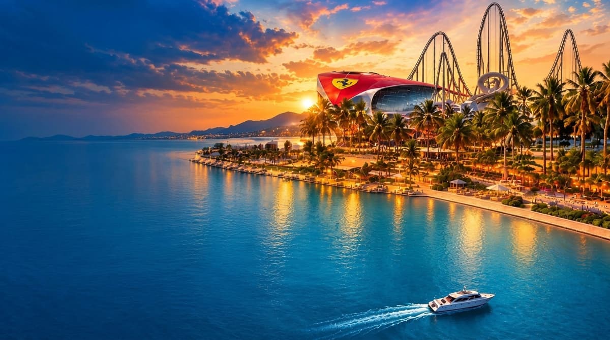 UAE scenic waterfront landscape with Ferrari World and theme parks