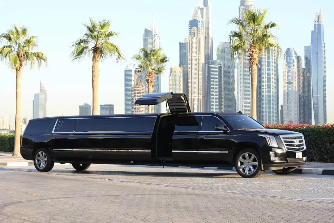 Cadillac Escalade Black Panther Limousine in Cadillac Escalade Black Panther — the pinnacle of luxury group transport in Dubai — book with Flyout Tours