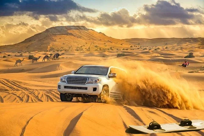 Dubai desert safari adventure with dune bashing, Global Village entertainment and Miracle Garden flowers