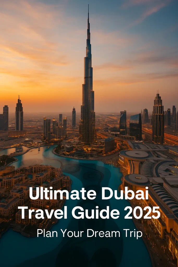 Ultimate Dubai Travel Guide 2025 featuring Burj Khalifa skyline at sunset