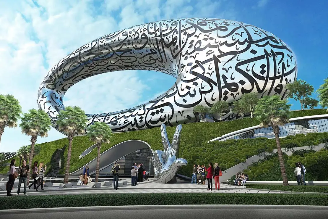 Dubai attractions showing Dubai Frame, Al Fahidi Historical District, Gold Souk and Museum of the Future