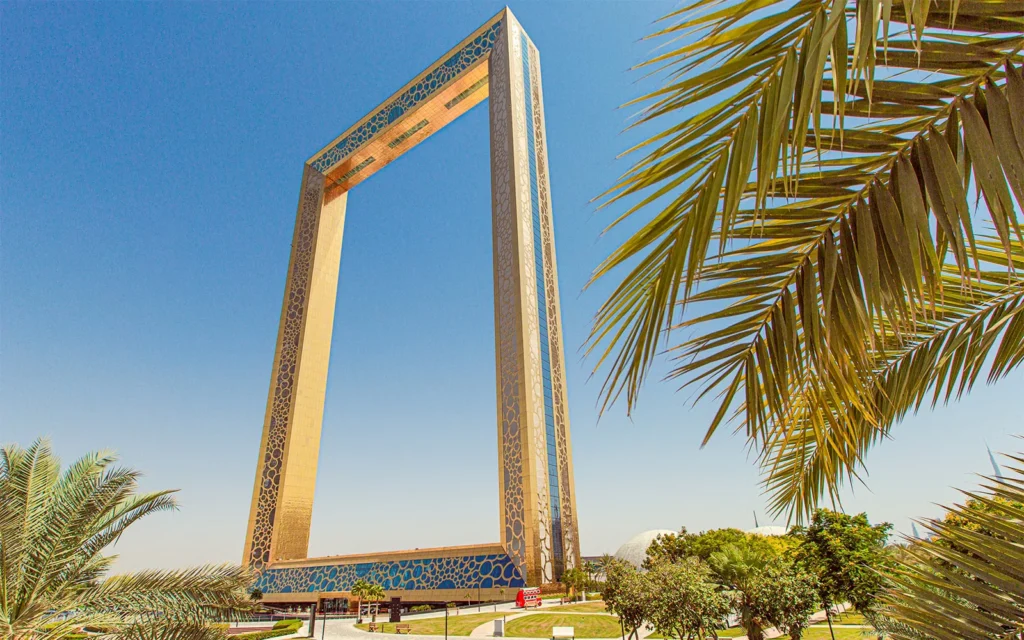 Dubai Frame landmark in Dubai showcasing views of old and new city skyline