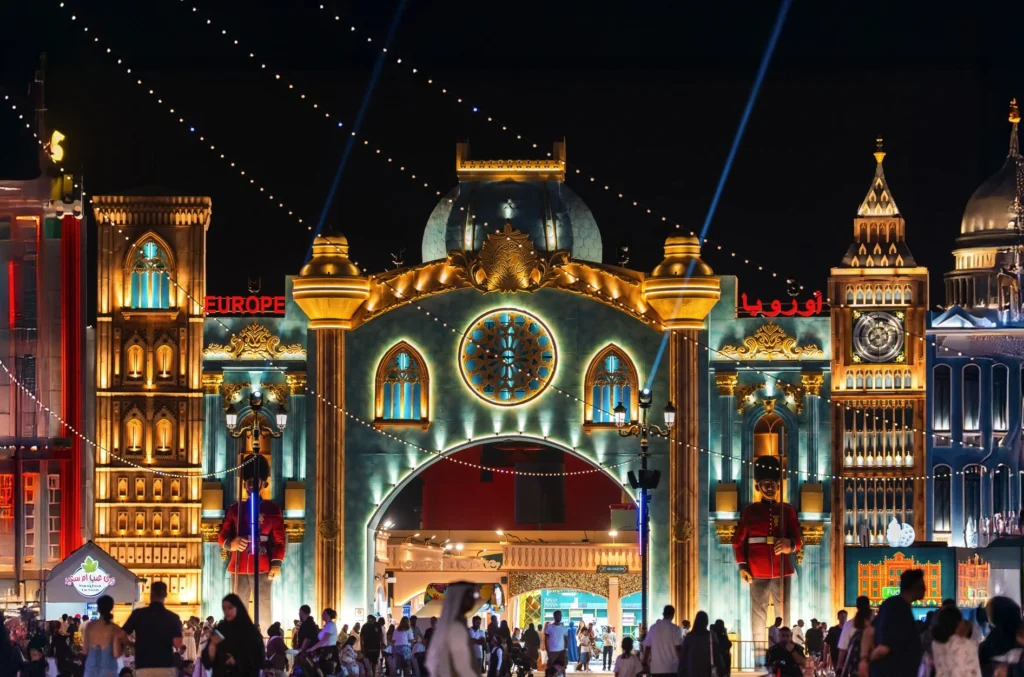 Dubai Global Village 2026 night view showcasing illuminated pavilions and cultural attractions